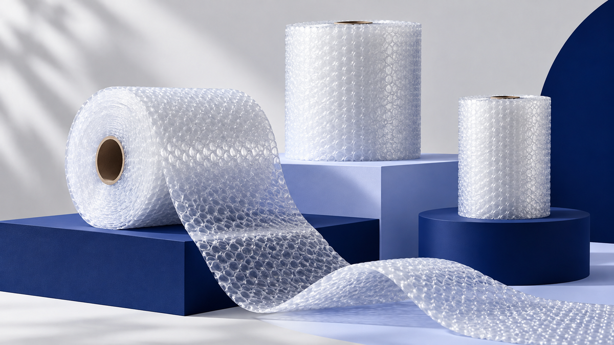 Editorial arrangement of bubble-wrap rolls on navy and periwinkle plinths