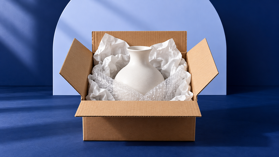 Illustrative ceramic vase with cushioning in an open shipping carton