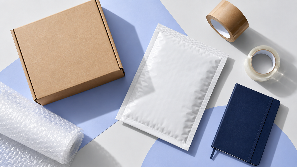 Packaging essentials arranged with a carton, padded mailer, tape and notebook