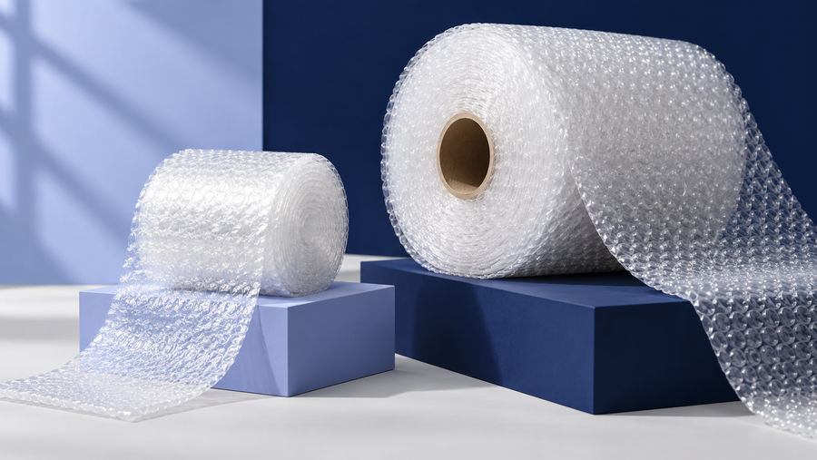 Compact coreless bubble wrap beside a larger roll with a cardboard core