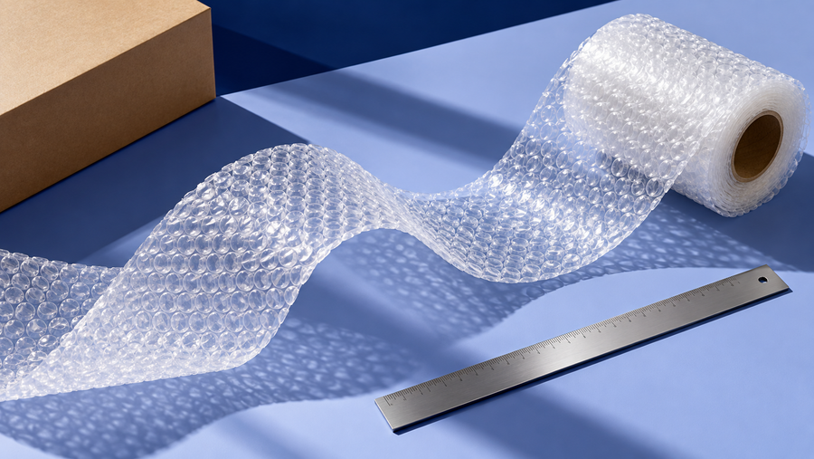 Bubble wrap unrolled beside a ruler on a periwinkle surface