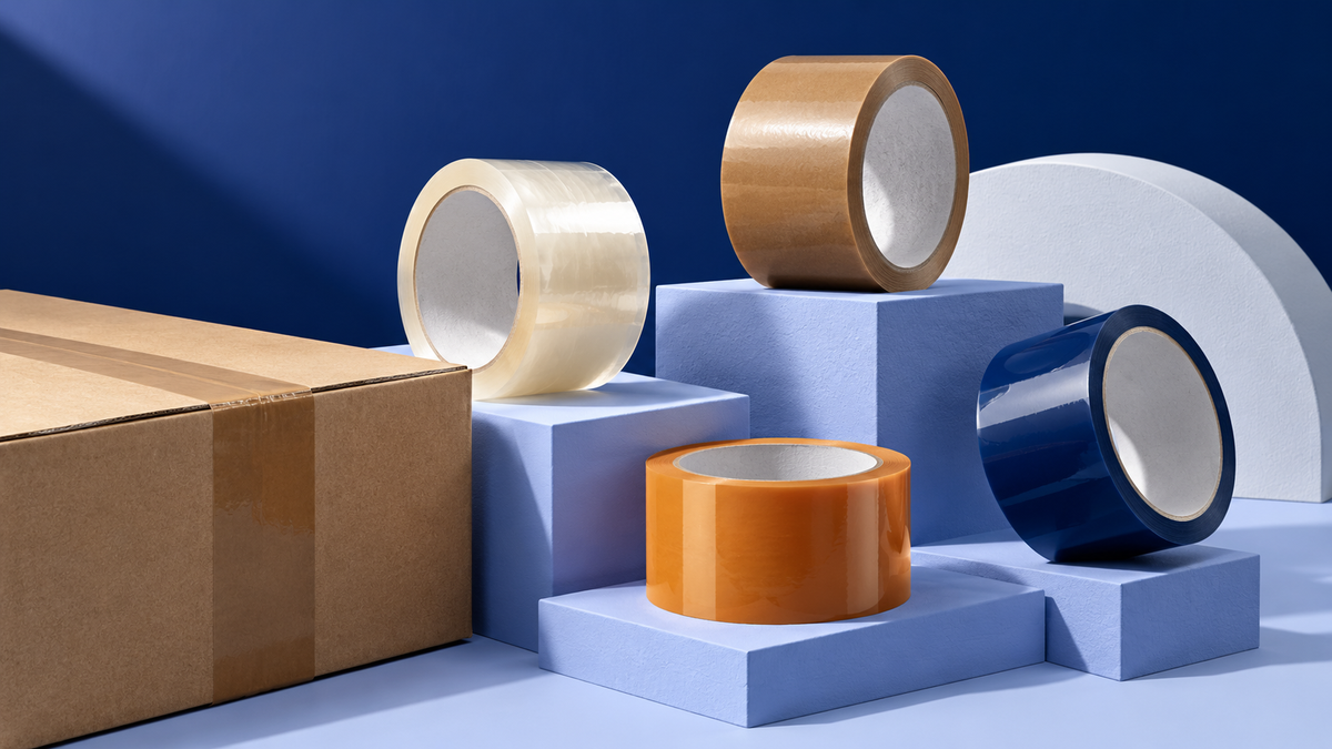 Clear, brown and coloured tape rolls arranged on display blocks
