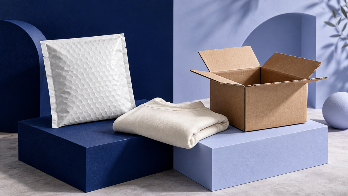 A padded mailer and open carton beside a folded garment