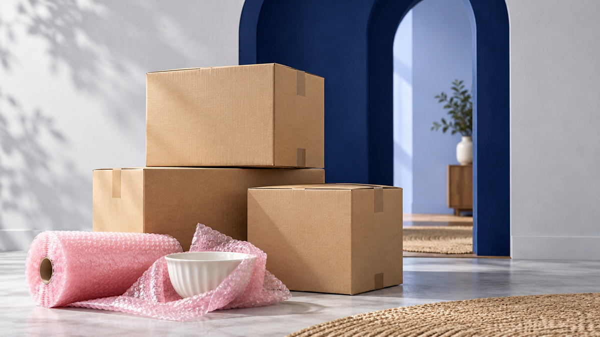 Moving cartons with pink bubble wrap and a ceramic bowl