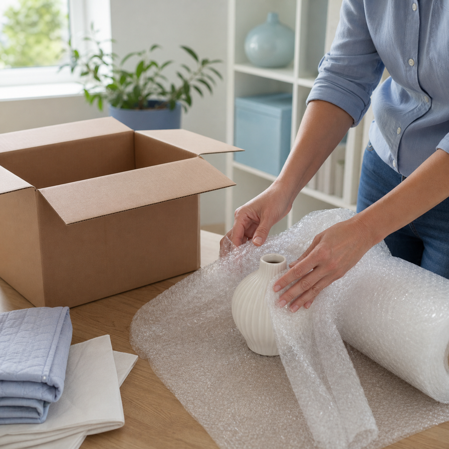 Bubble wrap cushioning a ceramic vase for moving