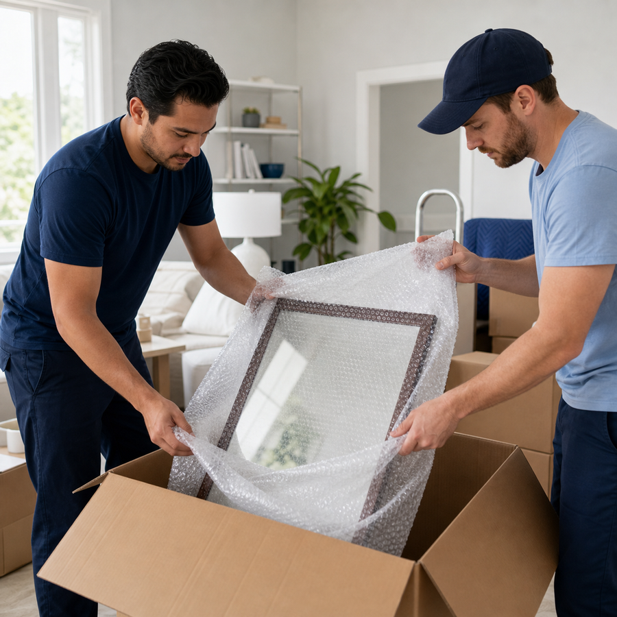 Clear bubble wrap protecting a framed item during moving