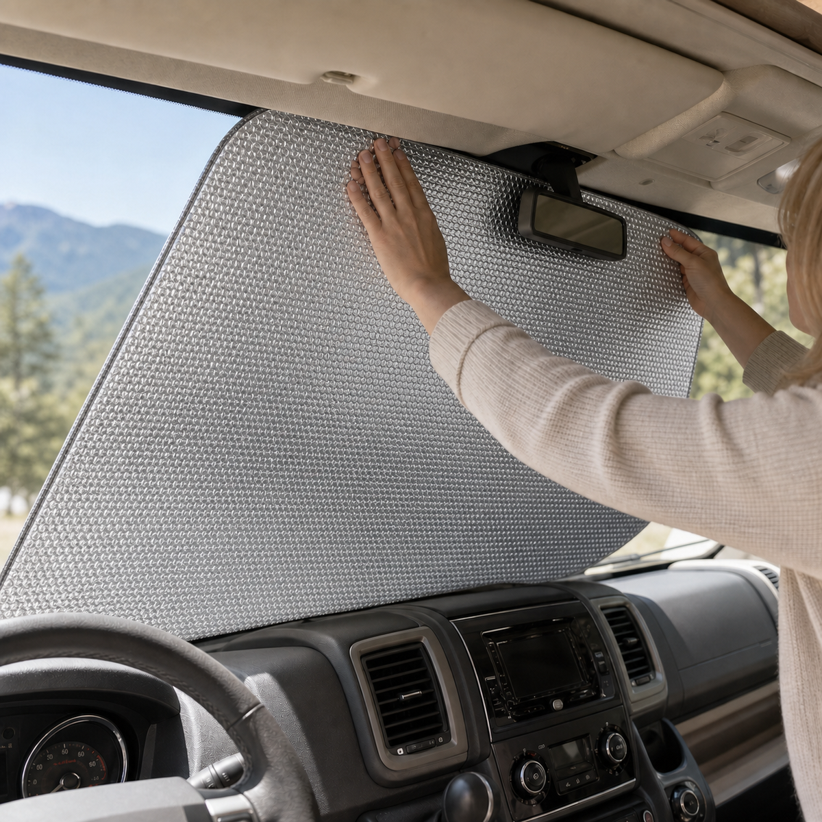Foil bubble wrap used as an RV windshield sunshade