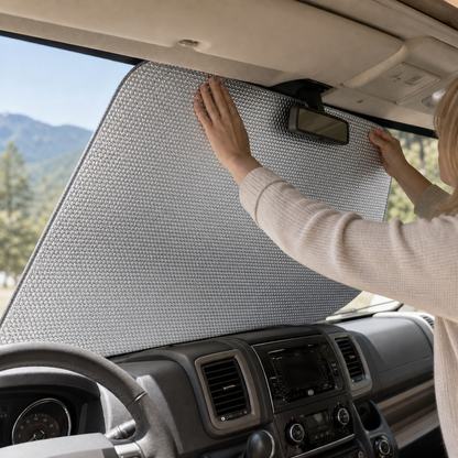 Foil bubble wrap used as an RV windshield sunshade