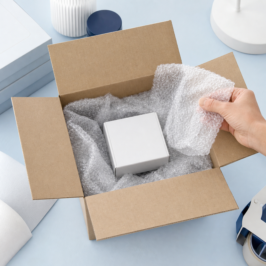 Clear bubble wrap filling empty space around a packed item