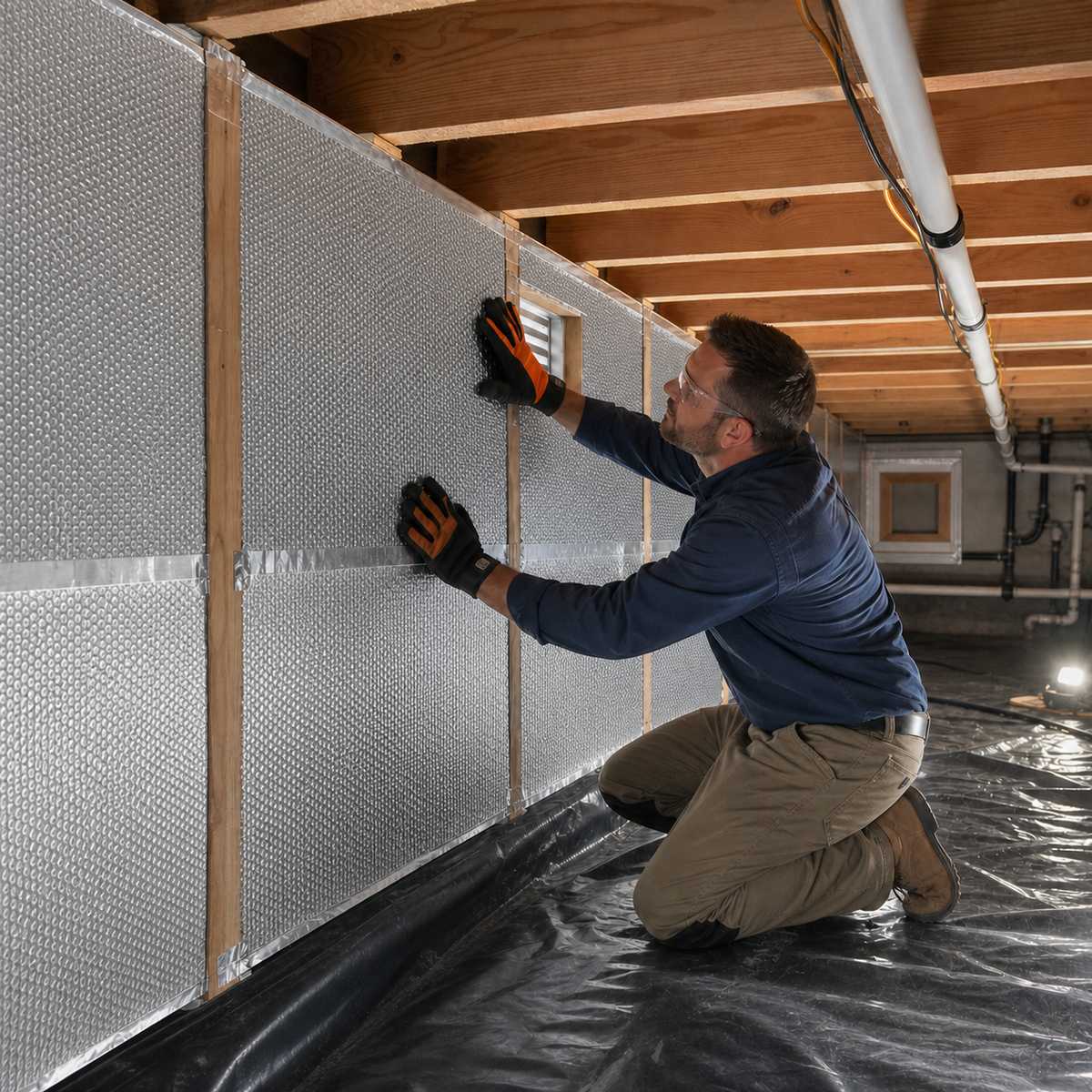 Foil bubble wrap applied to a crawl-space wall