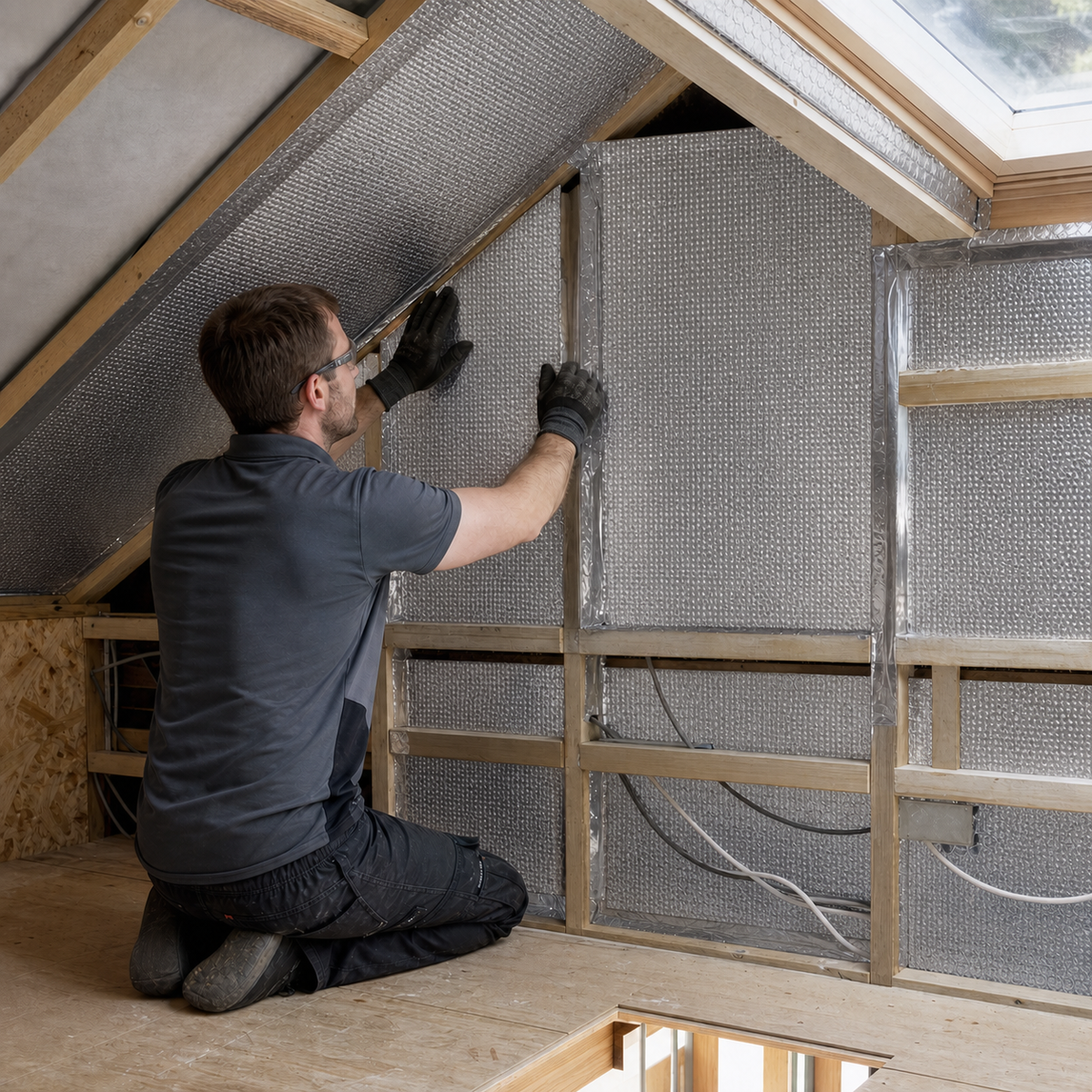 Foil bubble wrap applied to an attic knee wall