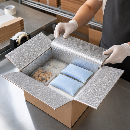 Foil bubble wrap lining a chilled-food shipping box