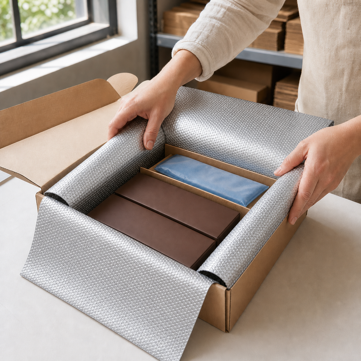 Foil bubble wrap lining a chocolate shipping mailer