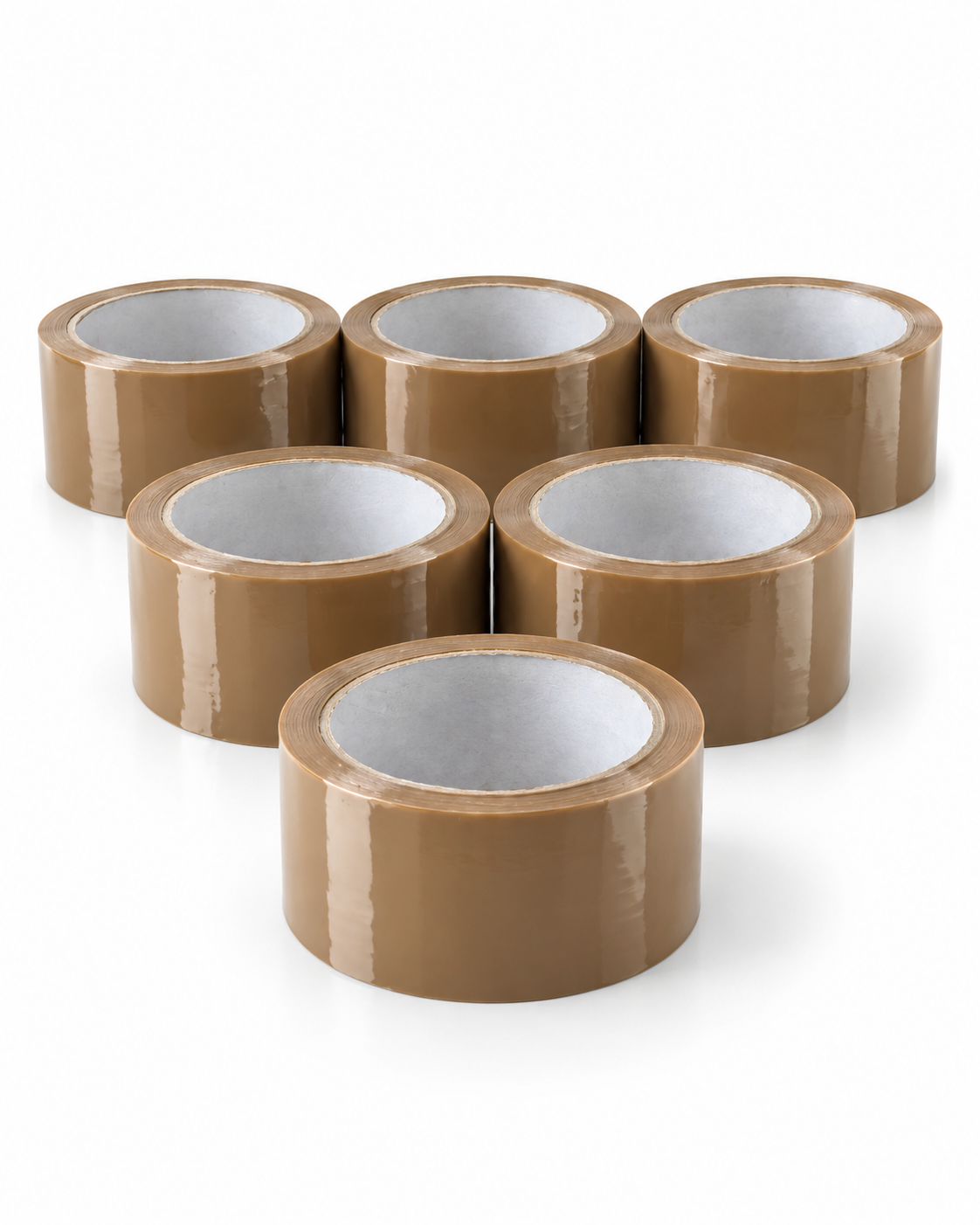 Brown carton sealing tape, six-roll pack arranged on a white studio background