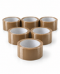Brown carton sealing tape, six-roll pack arranged on a white studio background