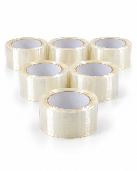 Clear carton sealing tape, six-roll pack arranged on a white studio background