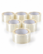 Clear carton sealing tape, six-roll pack arranged on a white studio background