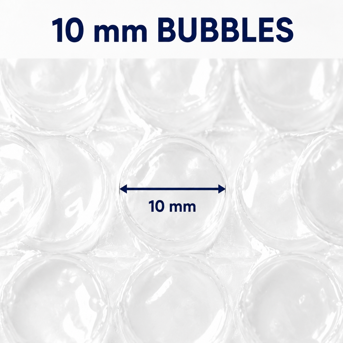 Clear coreless bubble wrap with 10 mm bubbles close-up