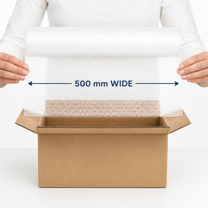 Clear coreless bubble wrap shown at 500 mm wide