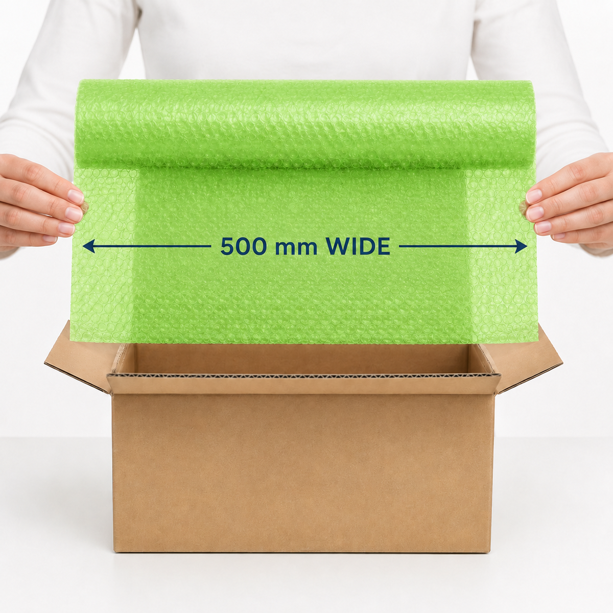 Eco Green coreless bubble wrap shown at 500 mm wide