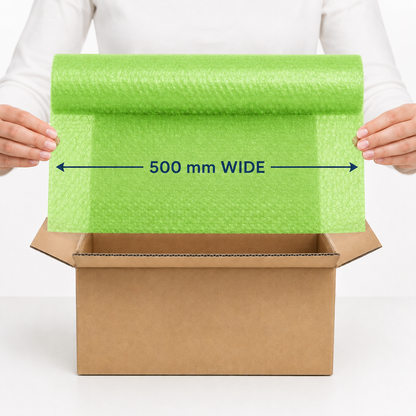 Eco Green coreless bubble wrap shown at 500 mm wide