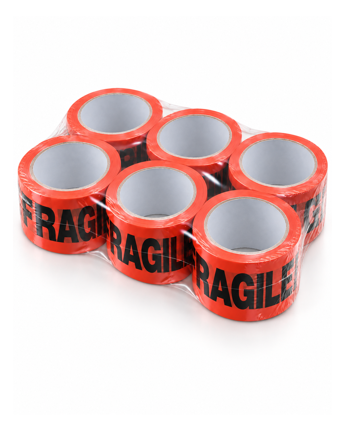 Fragile printed packing tape six-pack at an angle