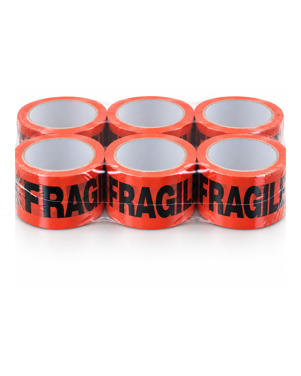 Close-up of black FRAGILE print on orange-red packing tape
