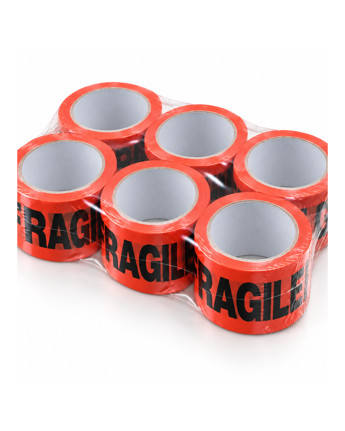 Fragile printed packing tape six-pack shrink-wrap and roll detail