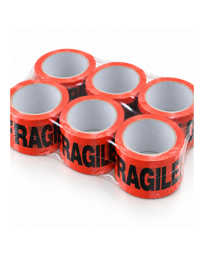 Fragile printed packing tape six-pack shrink-wrap and roll detail