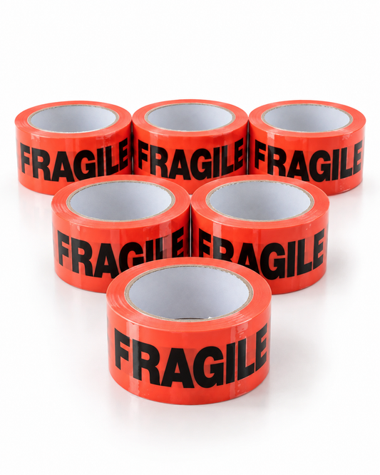 Fragile printed packing tape, six-roll pack arranged on a white studio background