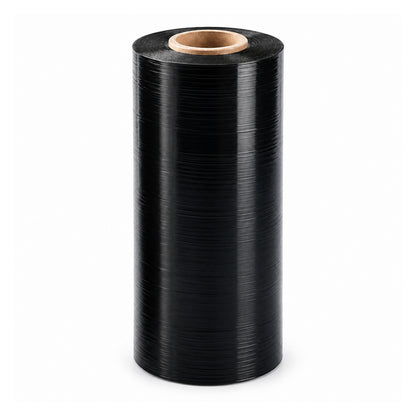 Black cast stretch film roll on a white background