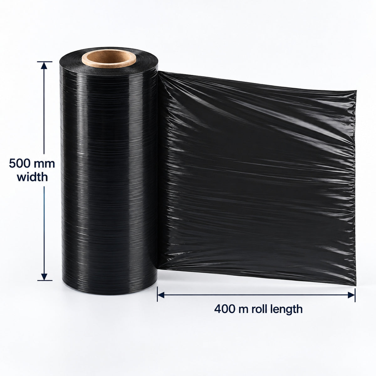 Black cast stretch film shown at 500 mm wide and 400 m long