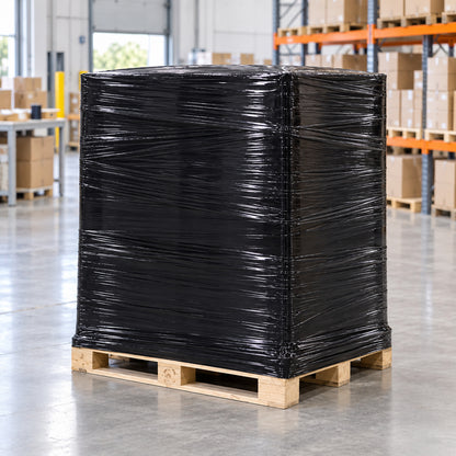 Black cast stretch film stabilising cartons on a pallet