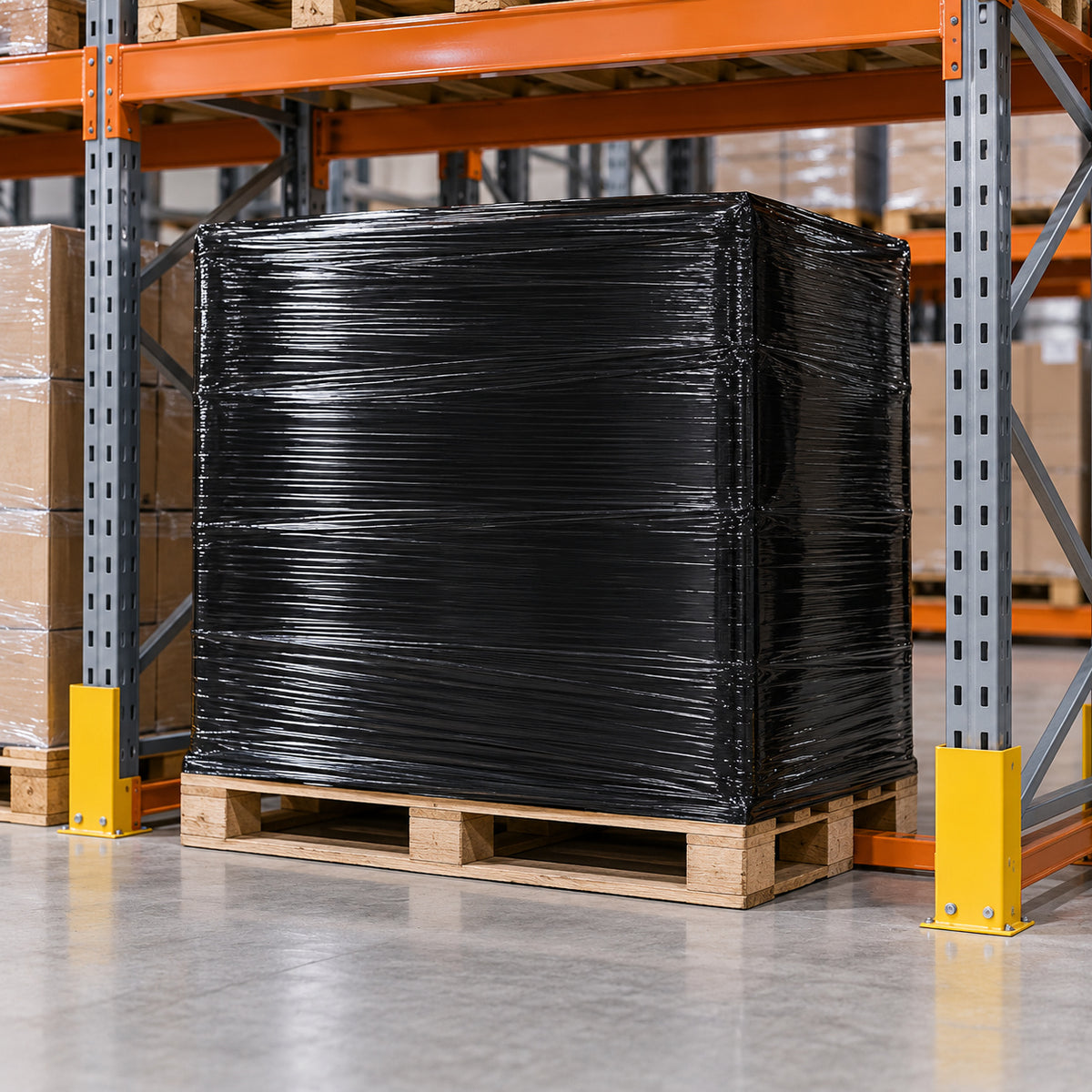 Black cast stretch film concealing a pallet in warehouse storage