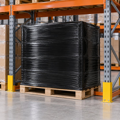 Black cast stretch film concealing a pallet in warehouse storage