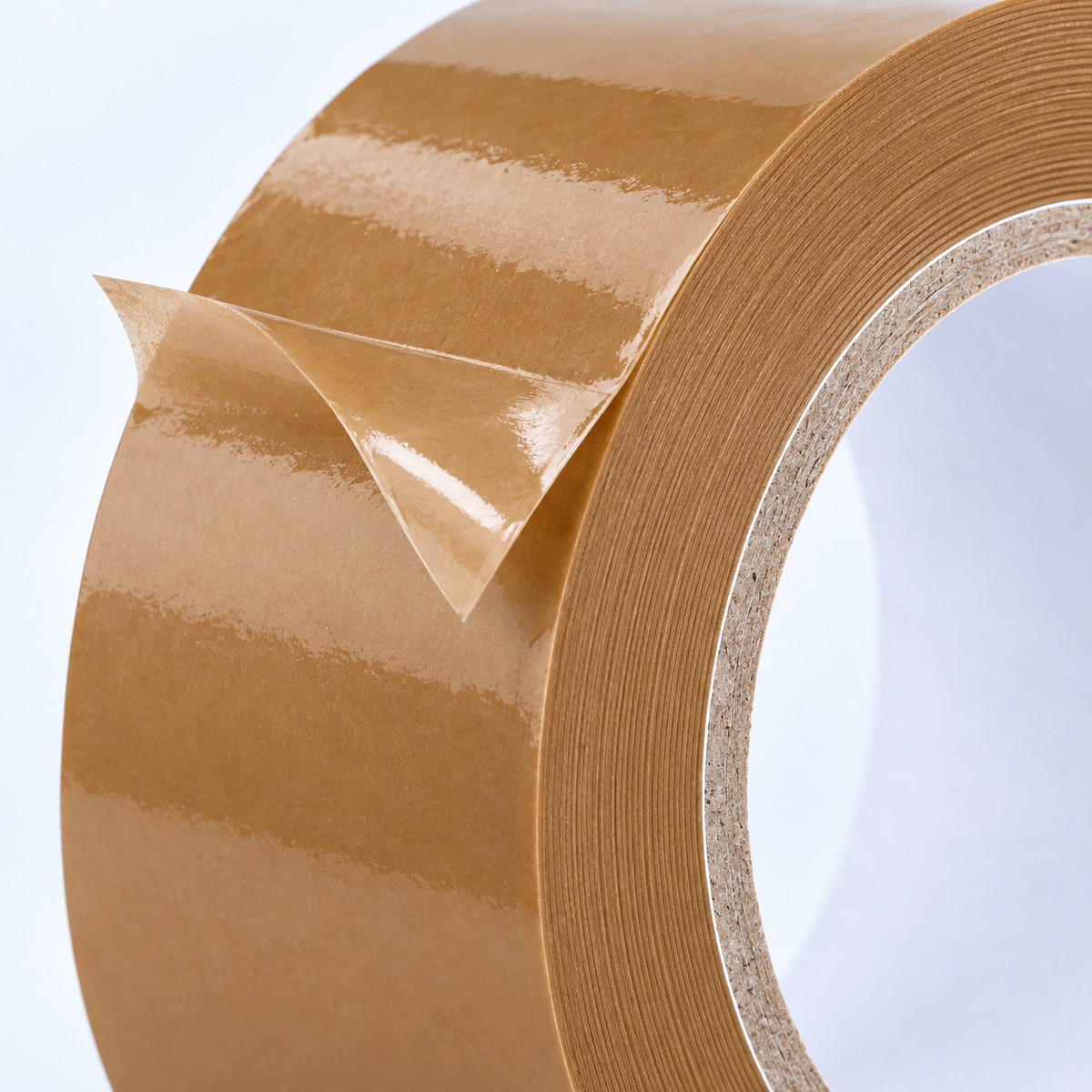 Brown carton sealing tape surface, roll edge and cardboard core close-up