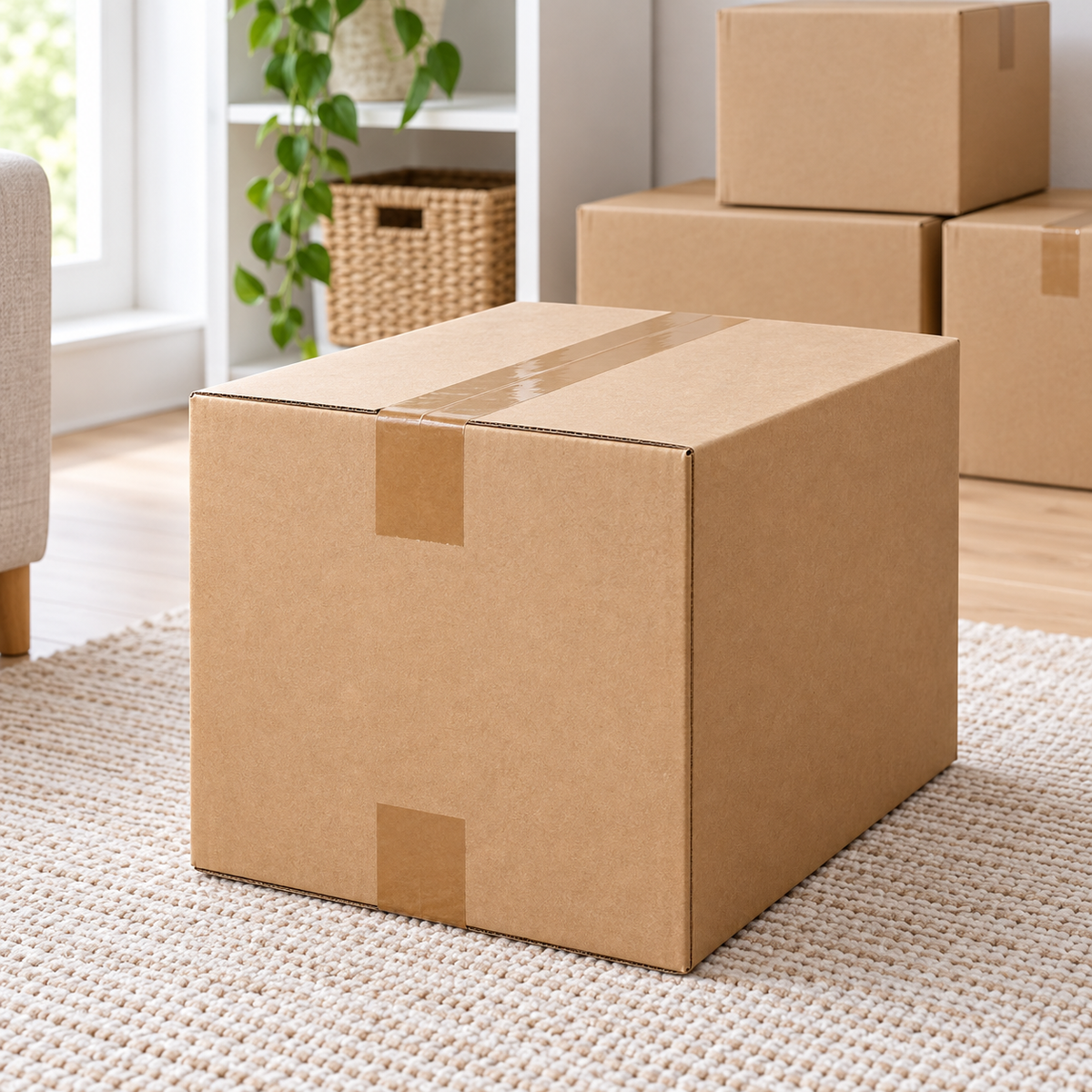 Brown carton sealing tape securing a moving and storage carton