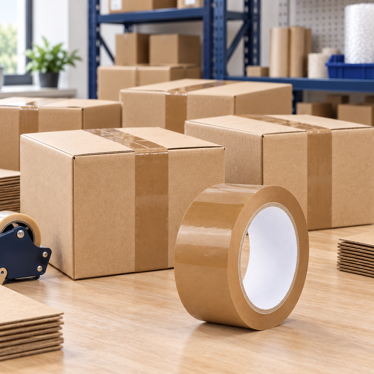 Brown carton sealing tape with sealed cartons at a warehouse dispatch bench