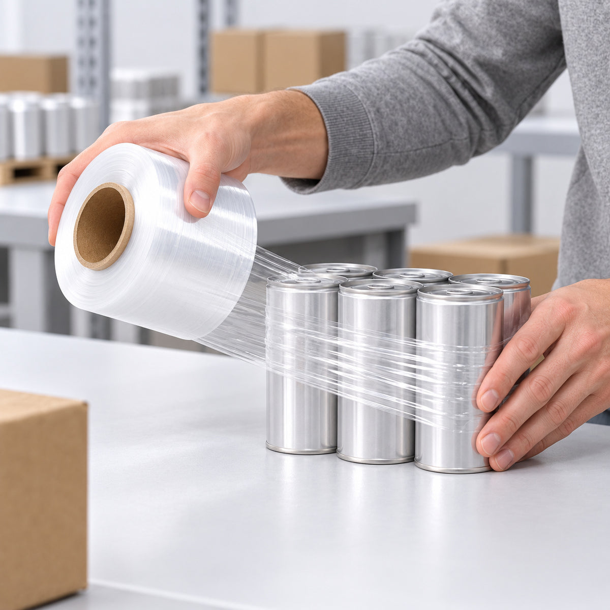 Clear bundling film securing cylindrical containers together