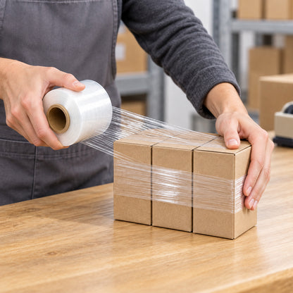 Clear bundling film securing three small cartons together