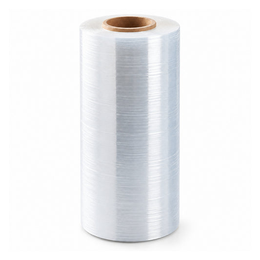 Clear 25 micrometre cast stretch film roll on a white background