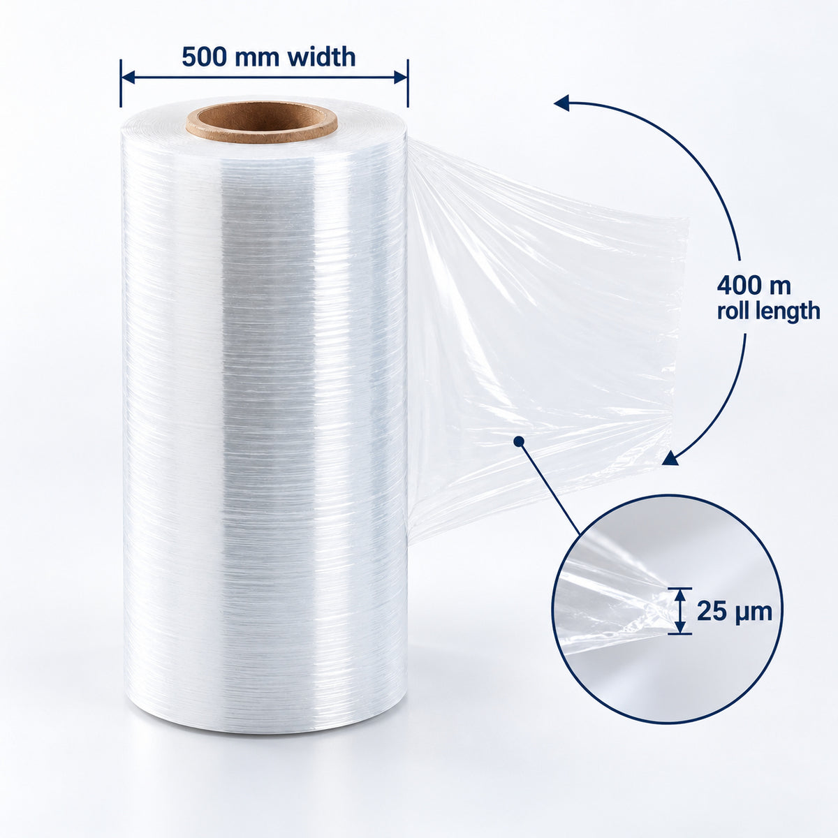 Clear 25 micrometre cast stretch film shown at 500 mm wide and 400 m long