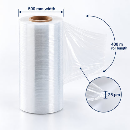 Clear 25 micrometre cast stretch film shown at 500 mm wide and 400 m long