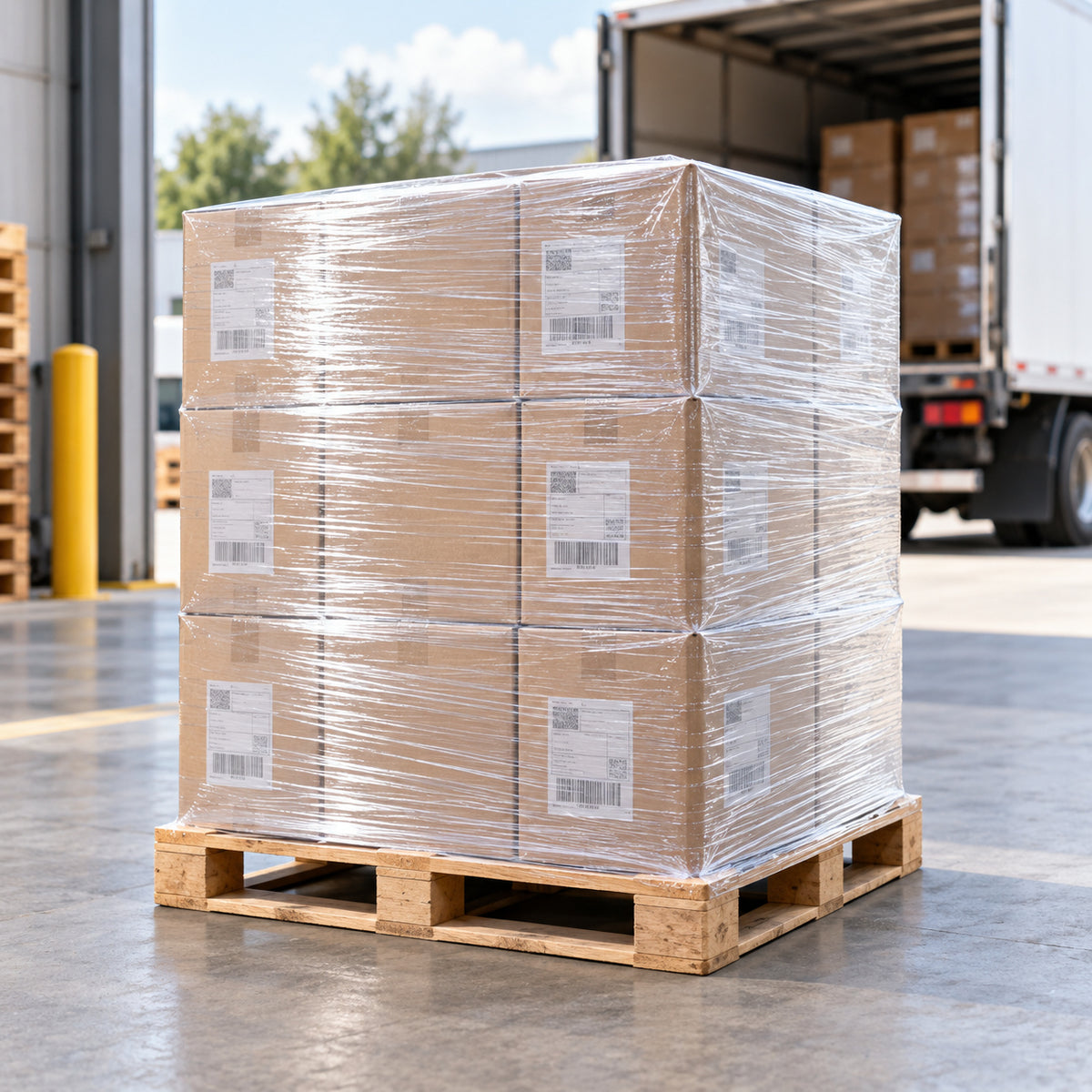 Clear cast stretch film securing labelled cartons for dispatch
