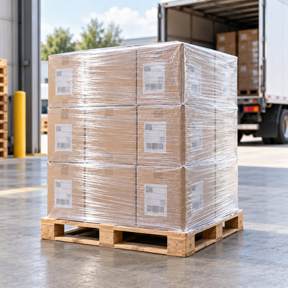 Clear cast stretch film securing labelled cartons for dispatch