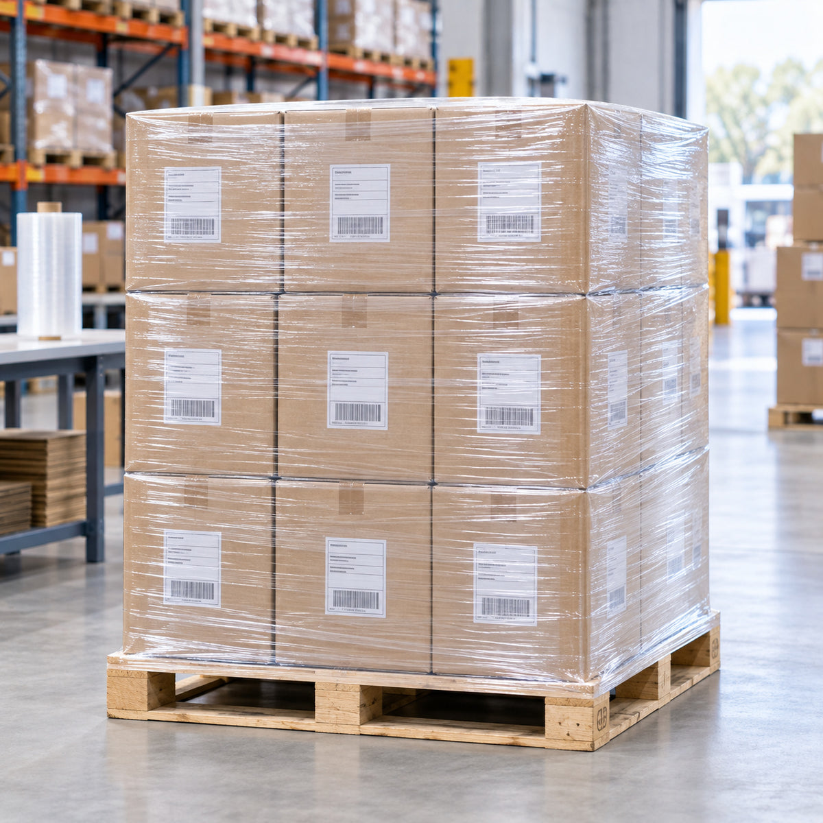 Clear cast stretch film stabilising labelled cartons on a pallet