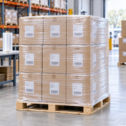 Clear cast stretch film stabilising labelled cartons on a pallet