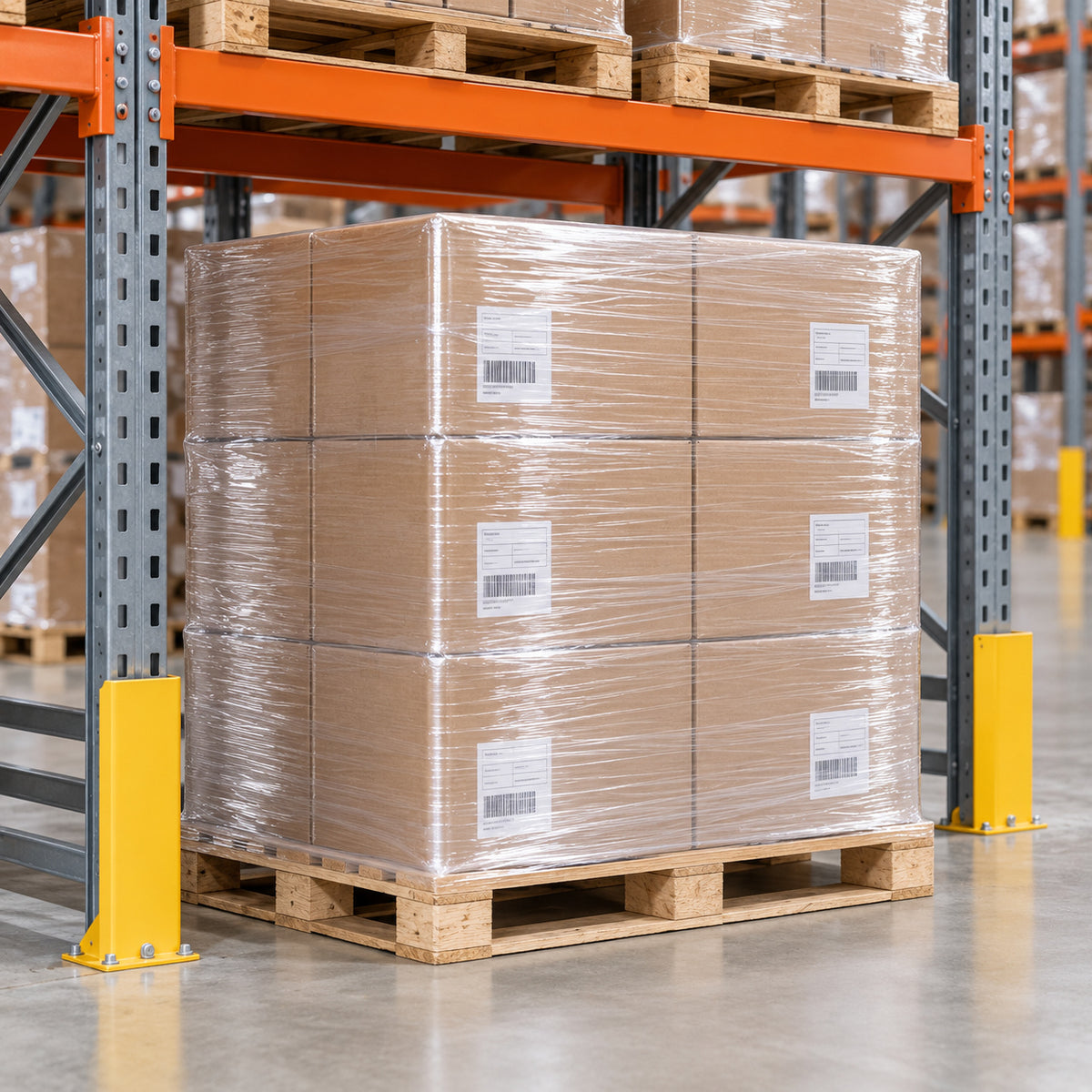 Clear cast stretch film securing a pallet in warehouse storage