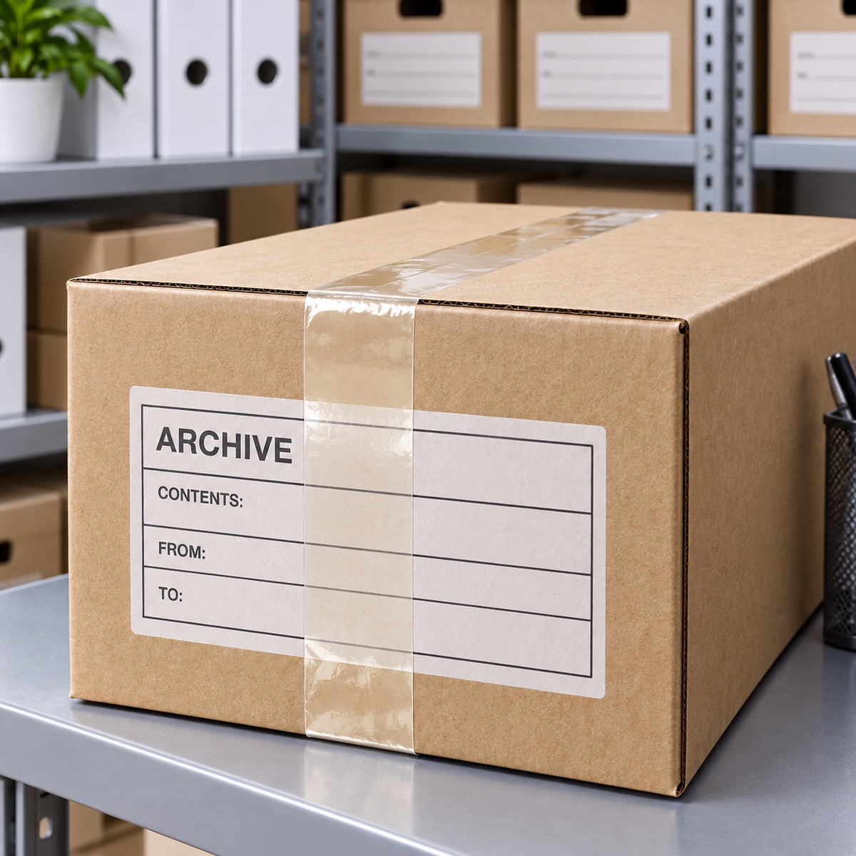 Clear carton sealing tape securing an archive storage carton