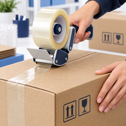 Clear carton sealing tape applied to a printed shipping carton